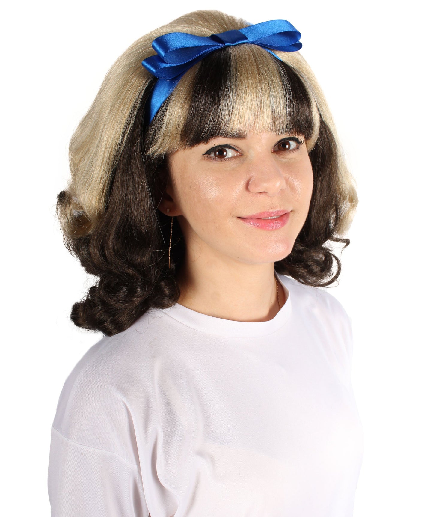 HPO  Women's American Actress Wig |  Black and Blonde Color with Blue Bow  | Perfect for Halloween | Flame-retardant Synthetic Fiber