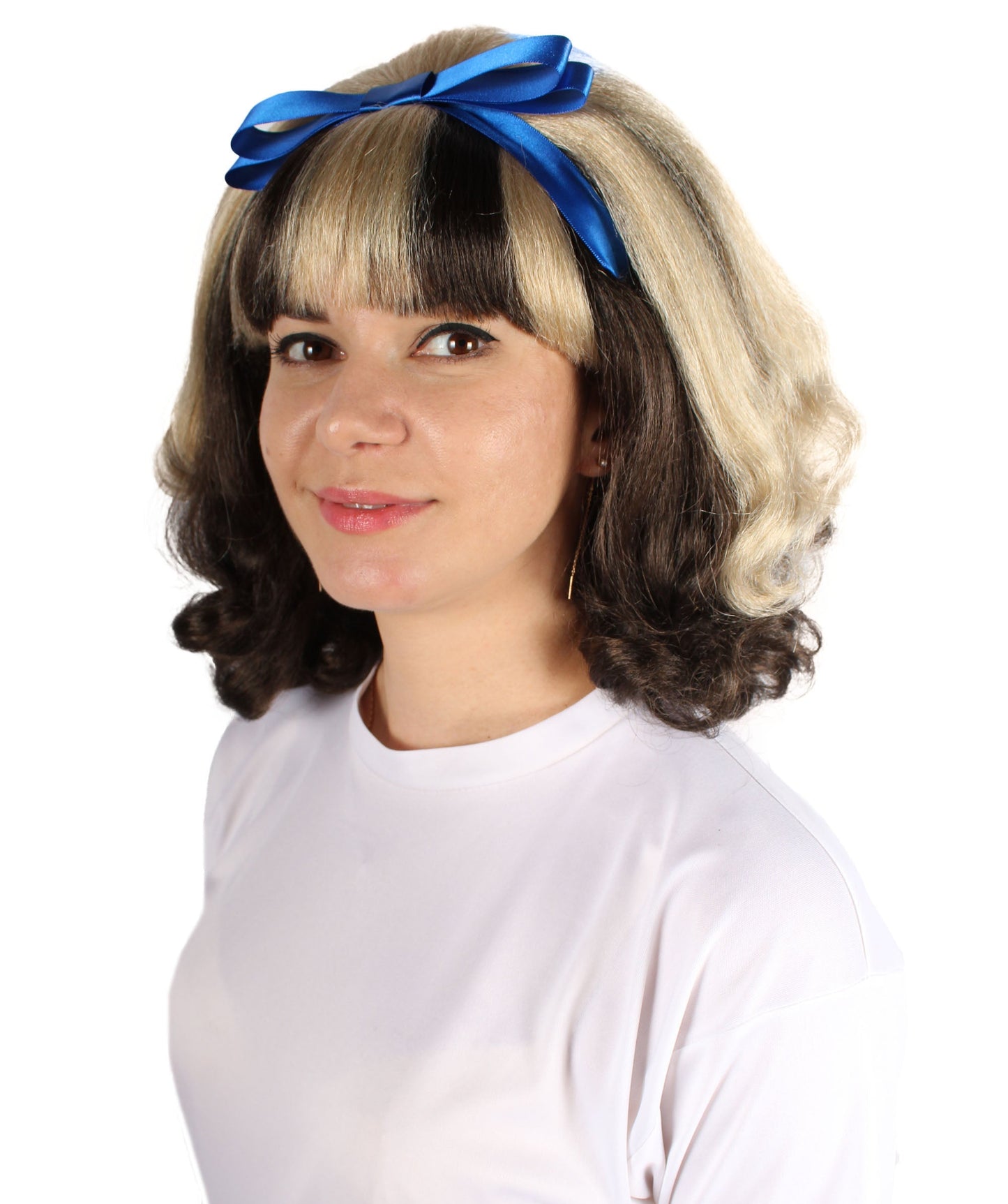 HPO  Women's American Actress Wig |  Black and Blonde Color with Blue Bow  | Perfect for Halloween | Flame-retardant Synthetic Fiber