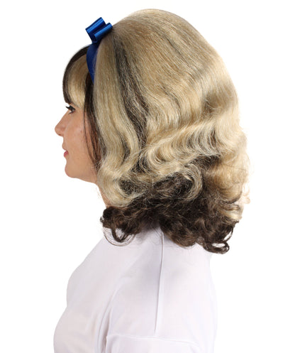 HPO  Women's American Actress Wig |  Black and Blonde Color with Blue Bow  | Perfect for Halloween | Flame-retardant Synthetic Fiber