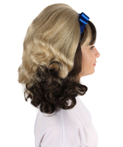 HPO  Women's American Actress Wig |  Black and Blonde Color with Blue Bow  | Perfect for Halloween | Flame-retardant Synthetic Fiber