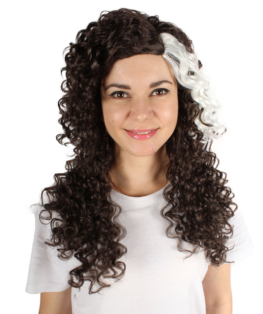 Women's Long Brown White Fluffy Curly Wavy Wig, Best for Halloween, Flame-retardant Syntheic Fiber