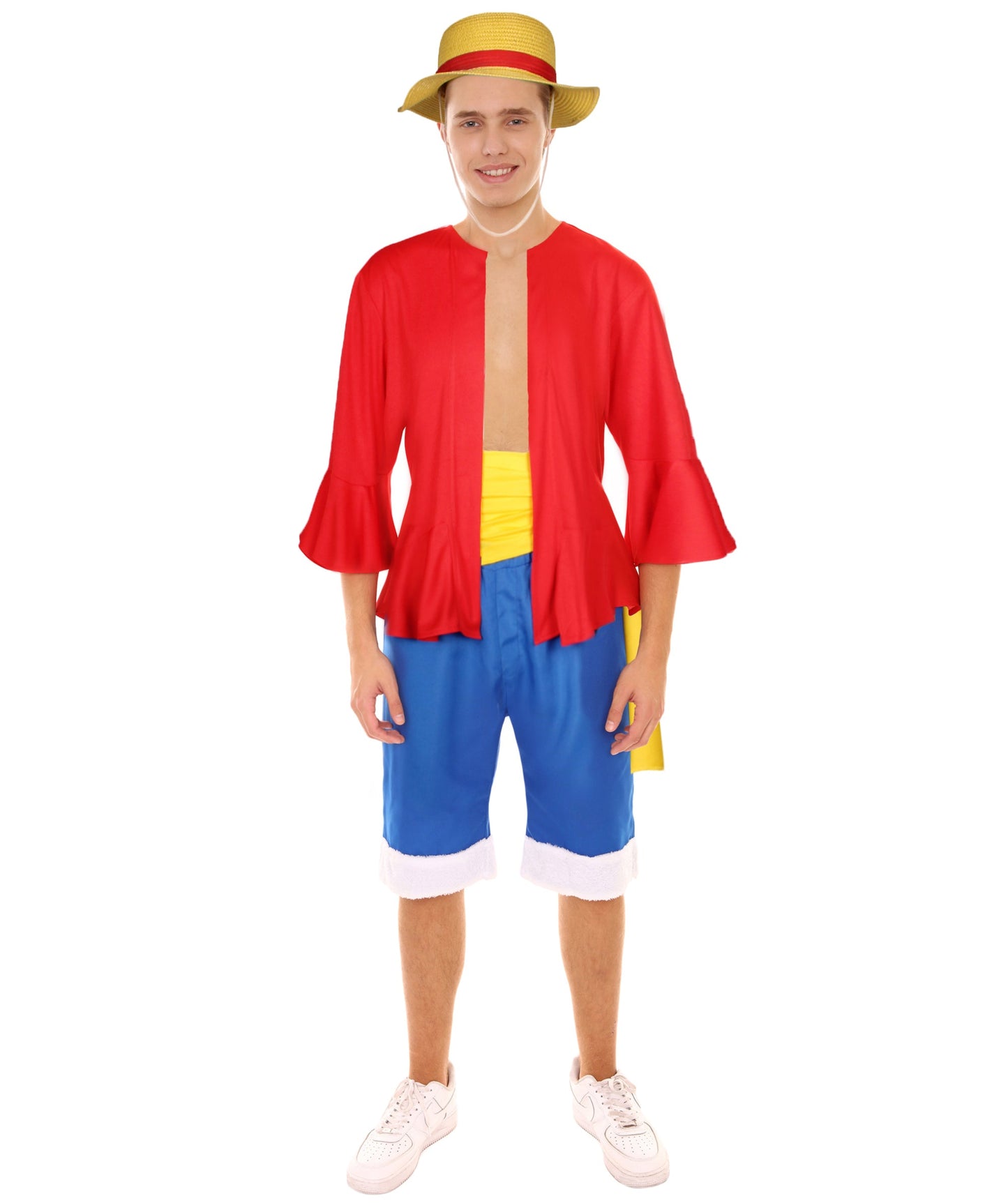 Men’s Japanese Anime Young Pirate Captain Costume Piece  with Straw Hat I Best Halloween and Anime Costume Bundle