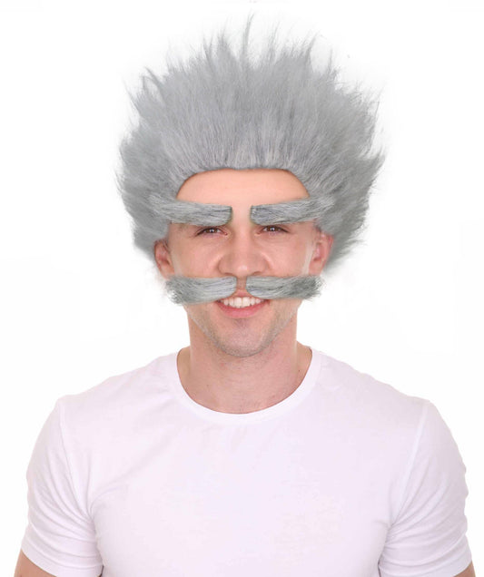 Men’s Animated Character Gray Wig with Mustache Perfect for Halloween Flame-retardant Synthetic Fiber
