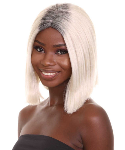 Women's Shoulder Length Socialite Wig - Platinum White Hair With Dark Roots - Capless Cap Design