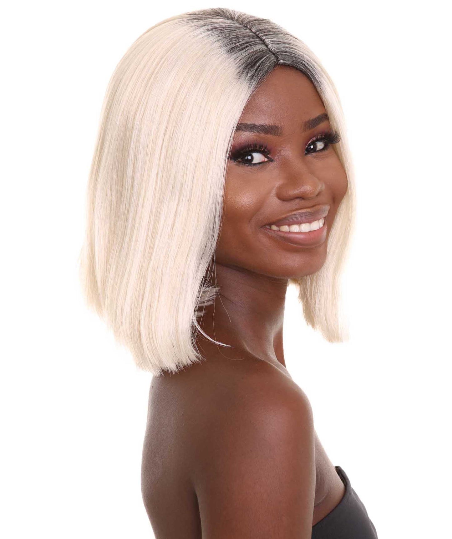 Women's Shoulder Length Socialite Wig - Platinum White Hair With Dark Roots - Capless Cap Design