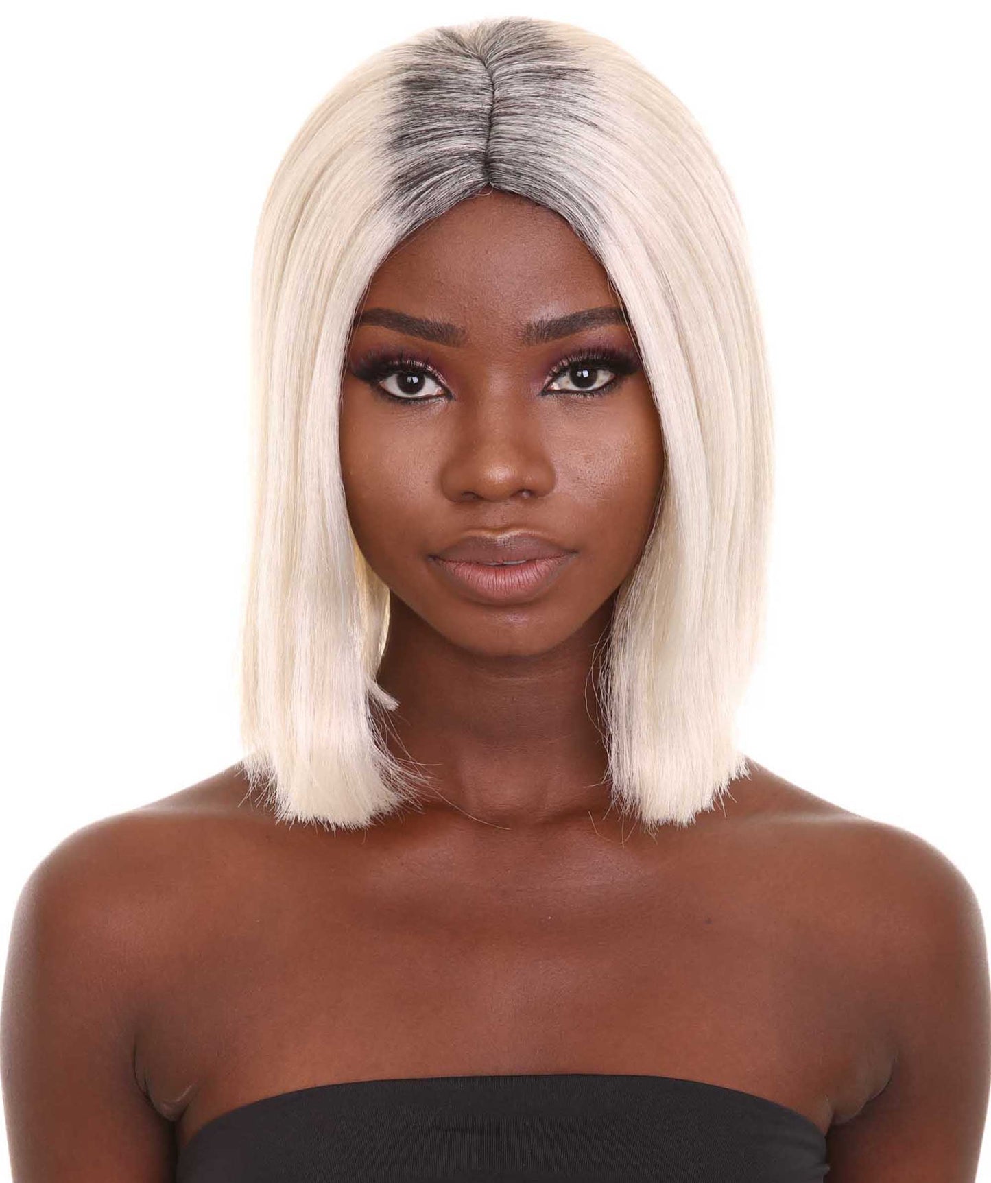 Women's Shoulder Length Socialite Wig - Platinum White Hair With Dark Roots - Capless Cap Design