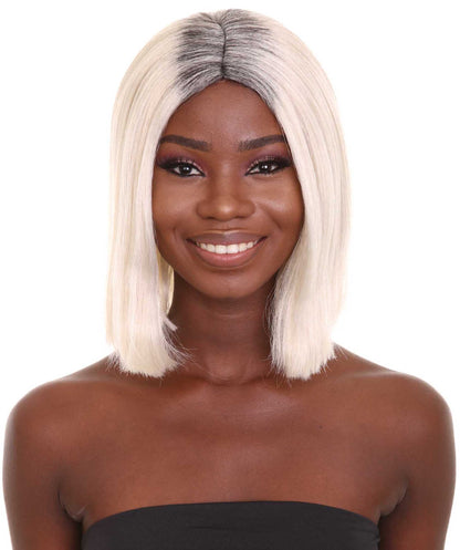 Women's Shoulder Length Socialite Wig - Platinum White Hair With Dark Roots - Capless Cap Design