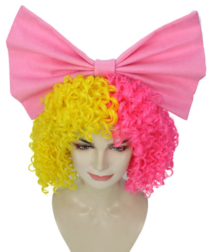 Australian Singer Curly Womens Wig with Pink Bow | Thursday Multi Color Celebrity Wigs | Premium Breathable Capless Cap