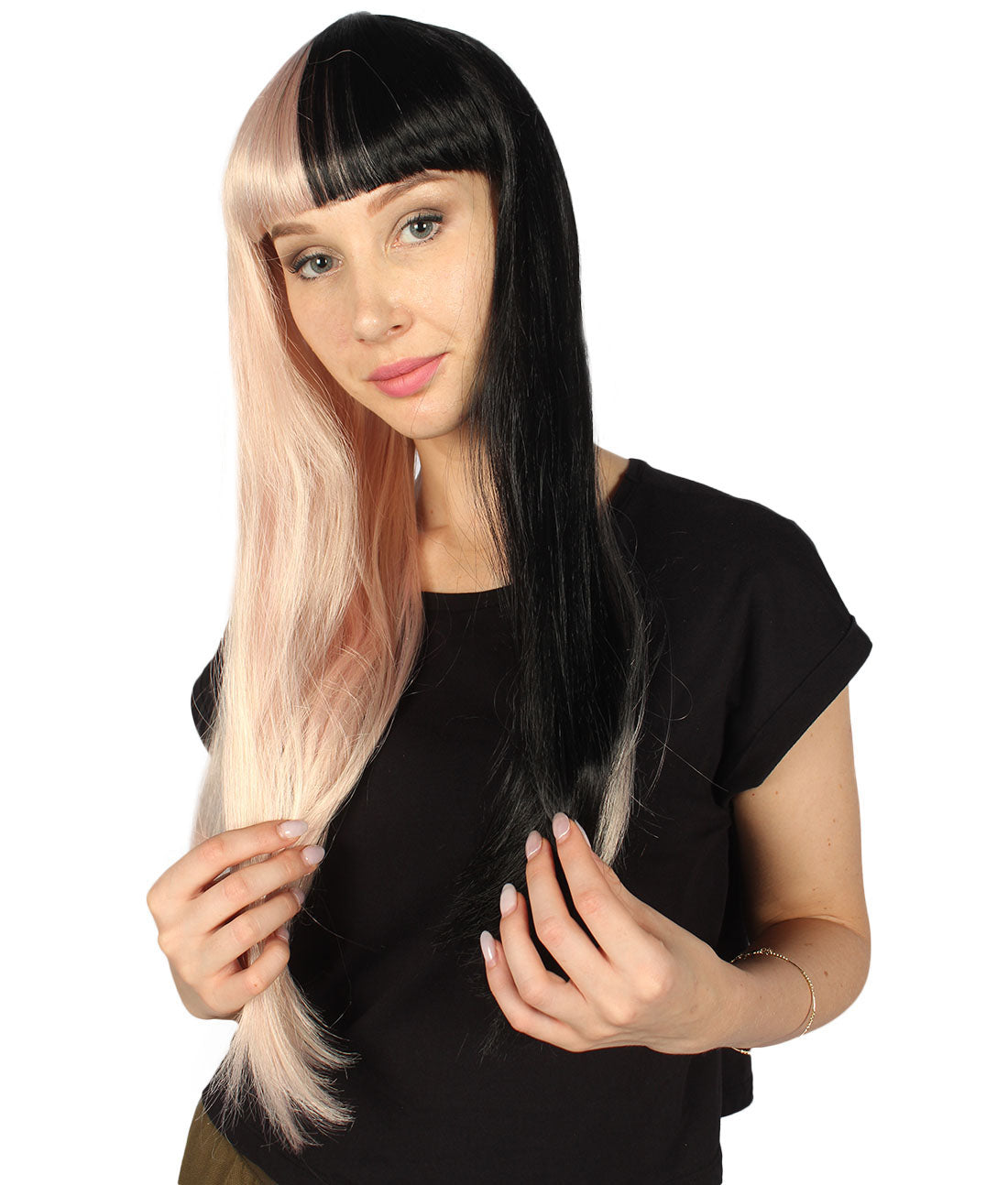 Black & Lt. Pink Women's two-tone long straight wig