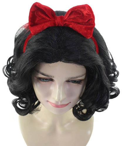 Womens Princess Wig with Red Bow | Black TV/Movie Wigs | Premium Breathable Capless Cap