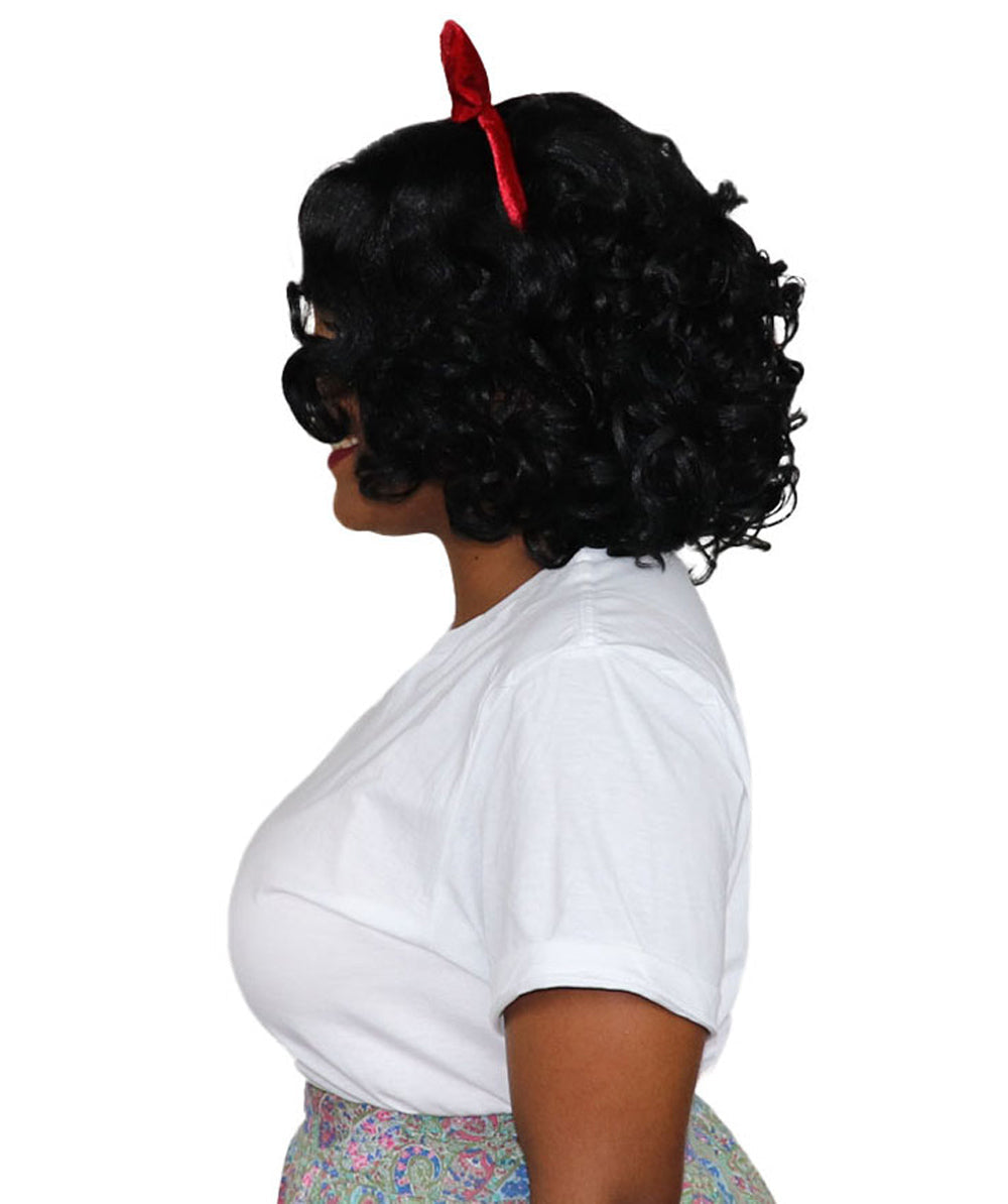 Womens Princess Wig with Red Bow | Black TV/Movie Wigs | Premium Breathable Capless Cap