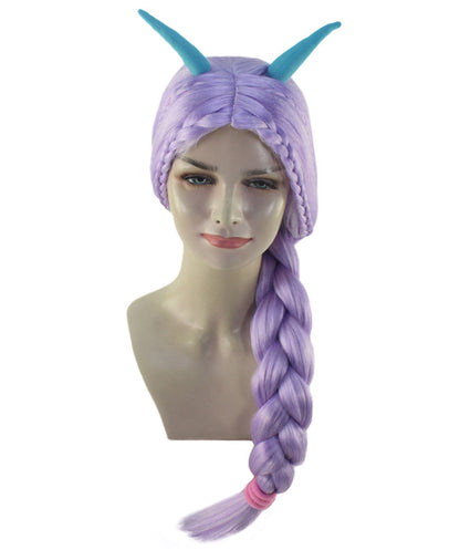 Womens Animation Braided Wig with Horns | Purple TV/Movie Wigs | Premium Breathable Capless Cap