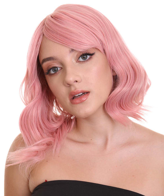 Light Pink Women Shoulder Length Wavy Wigs