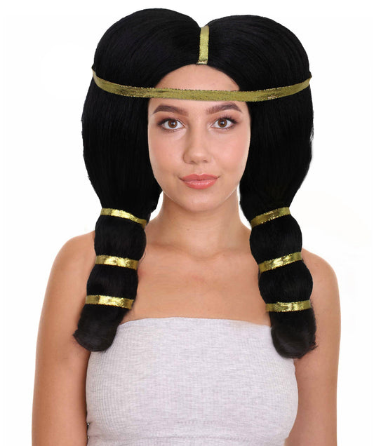 Women's Ancient Egyptian Straight Black Wig with Golden Ornaments, Best for Halloween, Flame-retardant Synthetic Materials