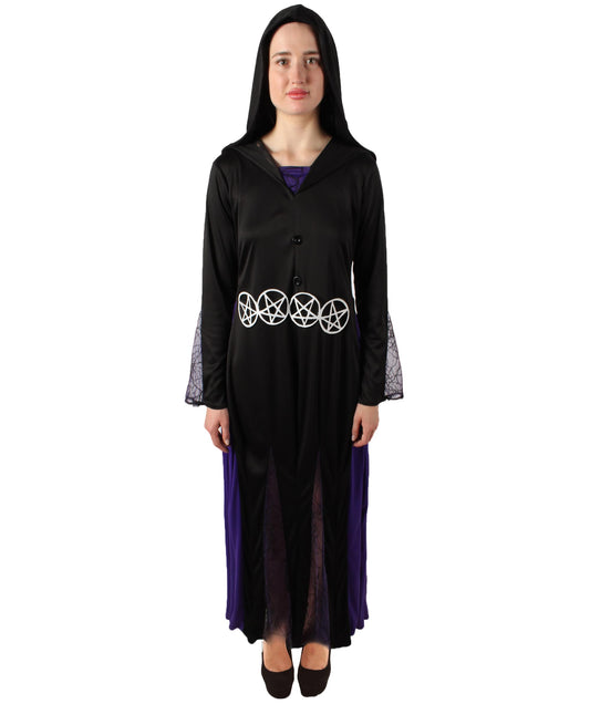 Women’s Hooded Purple & Black Witch Costume with Metal Pentagram Belt