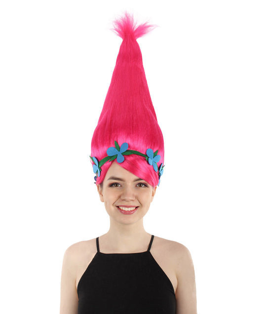 Adult Women's Premium Pointy Princess Troll Pink Wig with Blue Flower Headband