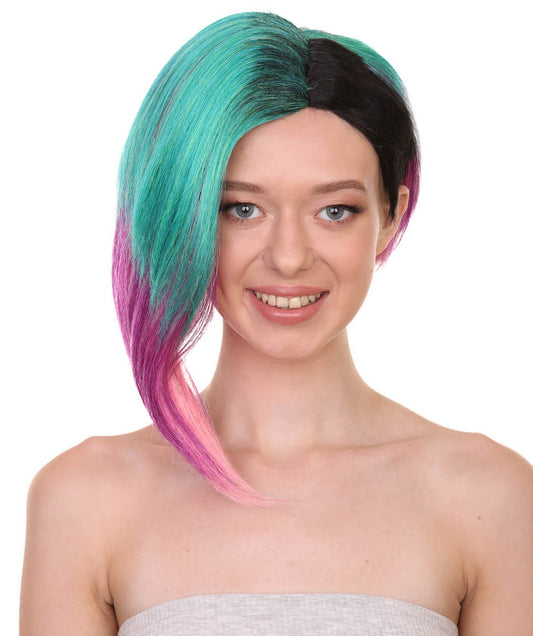 Video Game Character, Teal Blue Pink Ombre Color Half Side Punk Mohawk Wig, Premium Halloween Wig