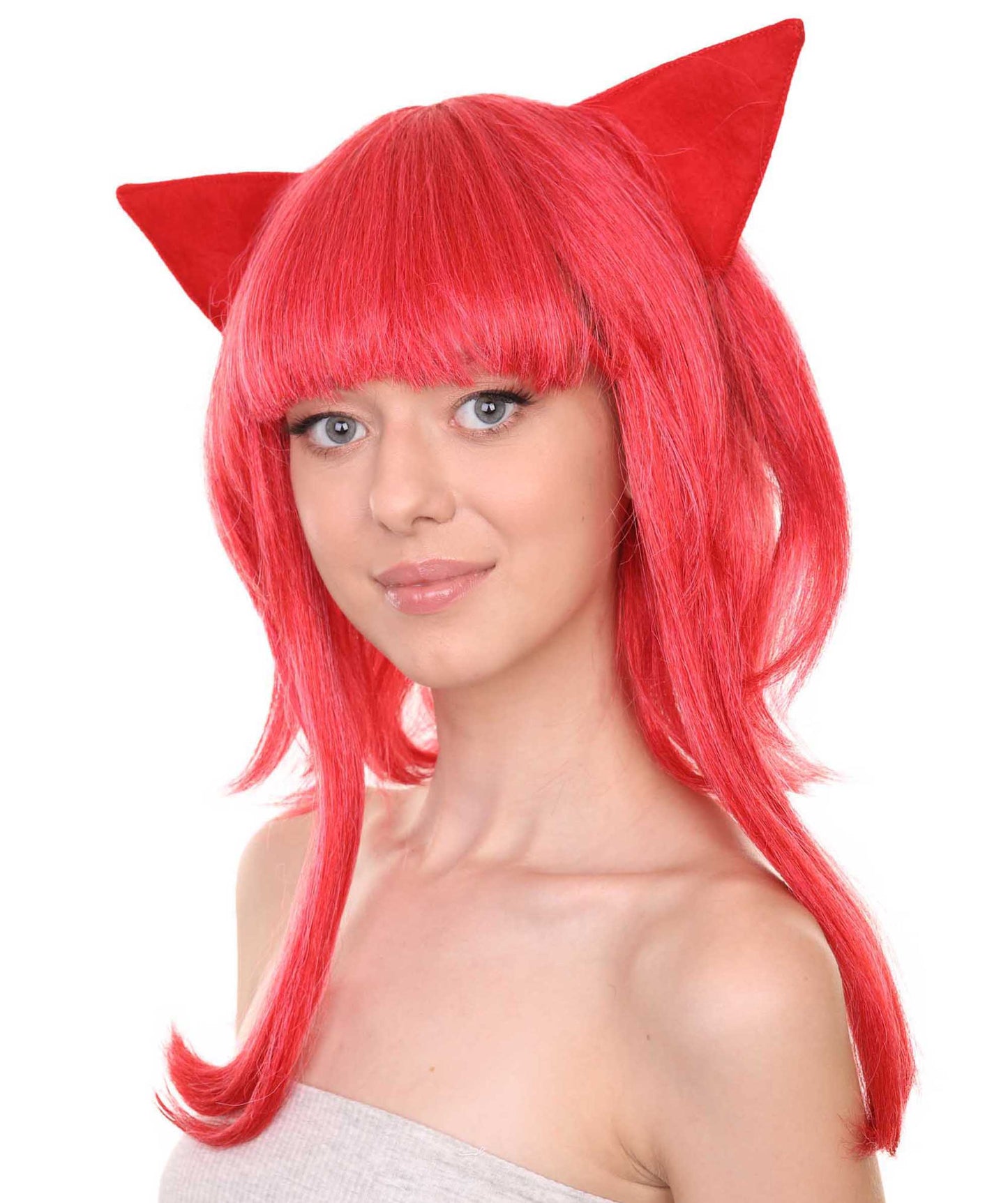 Women's 16" Inch Medium Length Halloween Animated Video Game Annie Wig with Ears, Synthetic Soft Fiber Hair, Perfect for your next Conventiton and Group Anime Party! | HPO