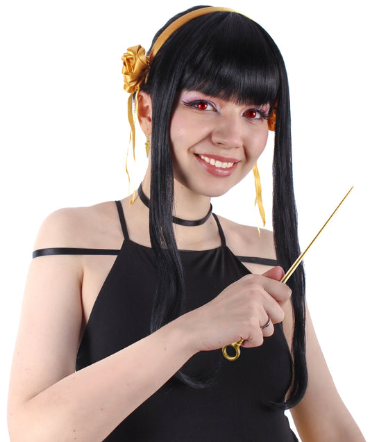 Women’s Japanese Anime Series Long Black Straight Wig With Headpiece | Best for Halloween | Flame-retardant Synthetic Fiber