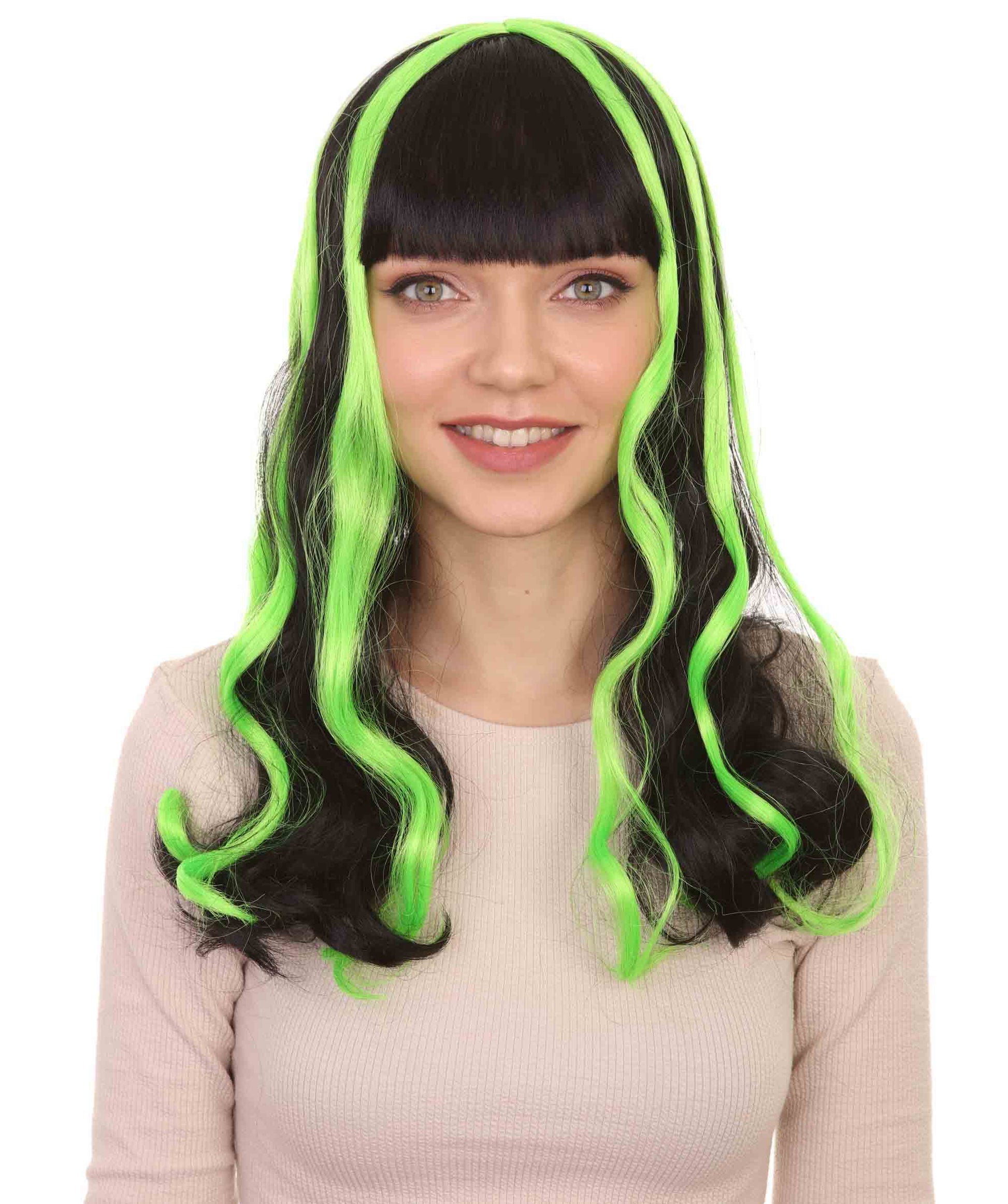 Black & Neon Green 80s Long wig