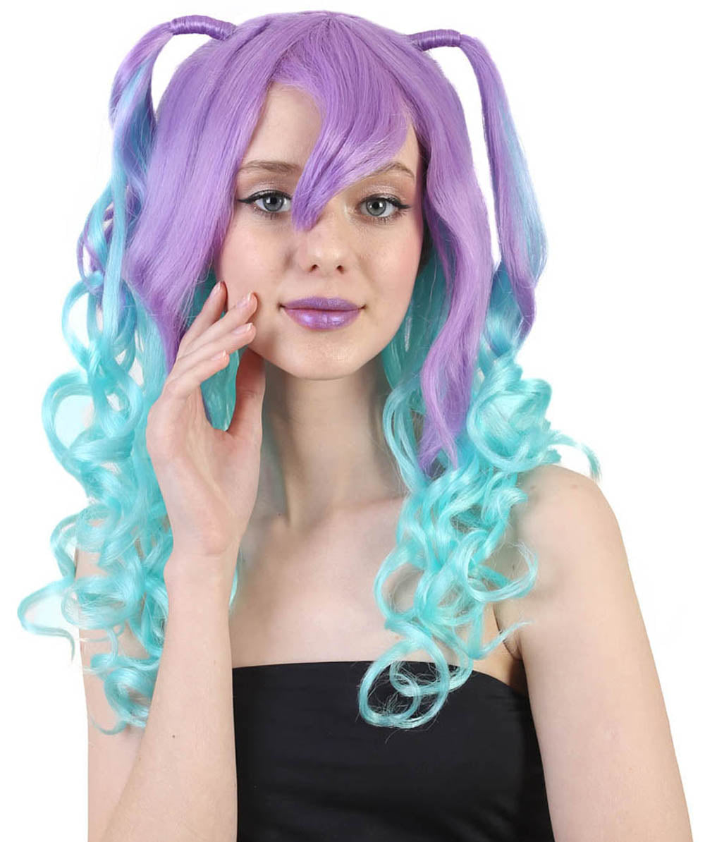 Blue Monster Womens Wig | Purple Green Medium Curly Halloween Wig | Premium Breathable Capless Cap