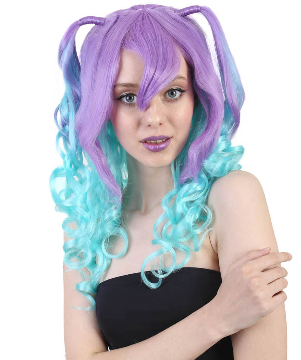 Blue Monster Womens Wig | Purple Green Medium Curly Halloween Wig | Premium Breathable Capless Cap