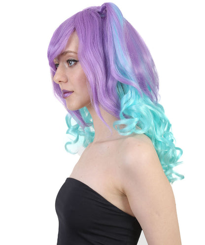 Blue Monster Womens Wig | Purple Green Medium Curly Halloween Wig | Premium Breathable Capless Cap