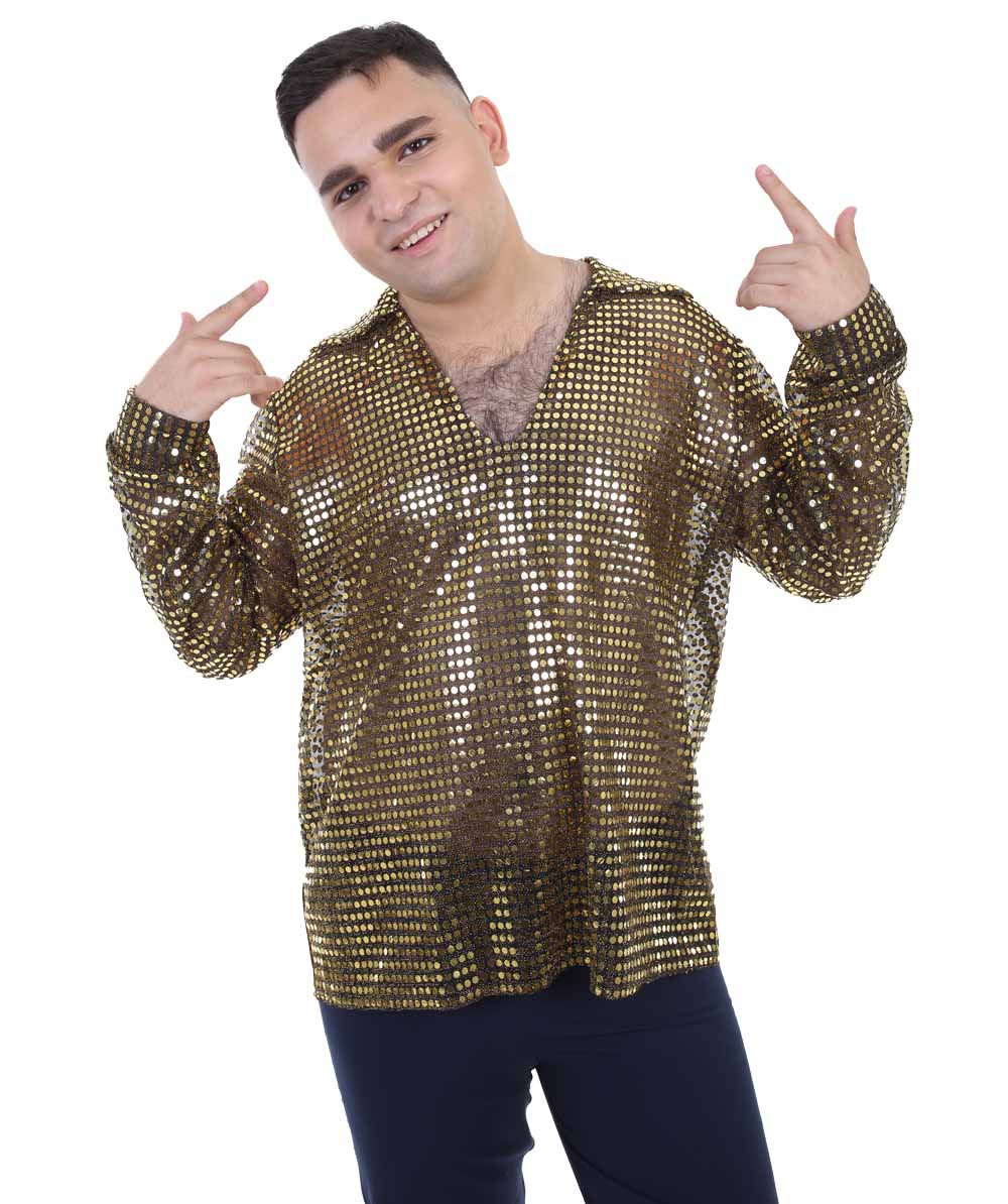 Men's 70's Disco Gold Sequin Shirt Costume | Golden Costume