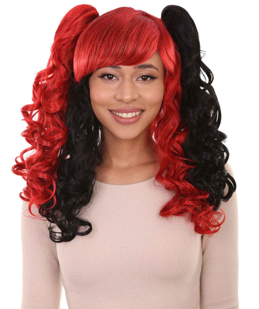 Black and Red Jester Womens Wig | Long Curly Fancy Halloween Wig | Premium Breathable Capless Cap