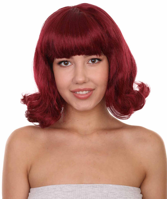 Women's 12" Inch Medium Length Wavy Halloween Fancy Anime Groovy Junkies Housewife Velma Costume Wig, Synthetic Fiber Wine Hair, | HPO