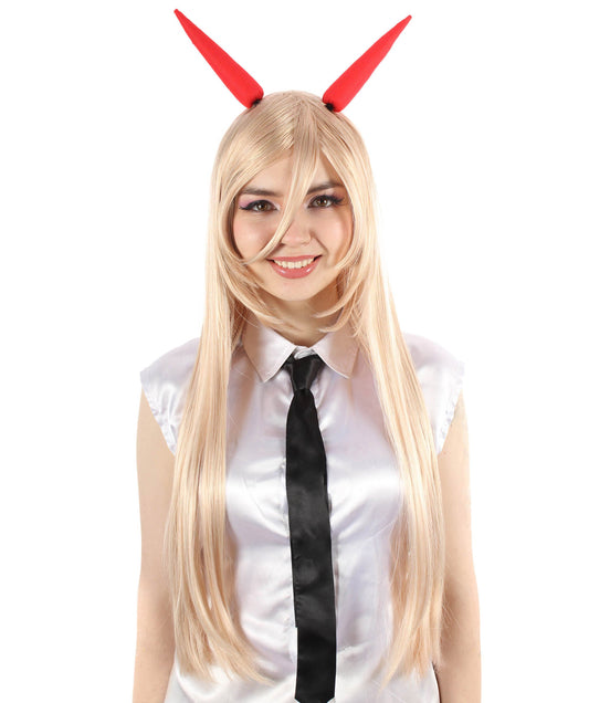Women’s Chainsaw Manga Anime Devil Girl Blonde Wig with Horns | Perfect for Halloween and Anime-themed Group Parties | Flame-retardant Synthetic Fiber