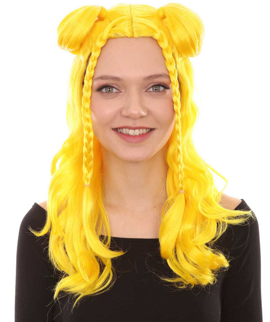 Womens Long Braided Bun Bright Yellow Wig 