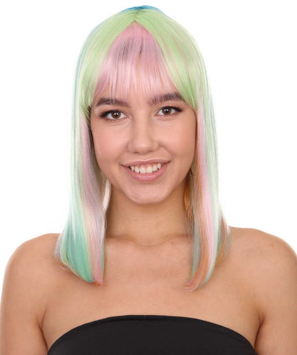 Women's 14" Inch Medium Length Halloween Fancy Rainbow Rave Mermaid Costume Wig, Synthetic Soft Fiber Hair, Perfect for your next Festival and Group Anime Party!  | HPO