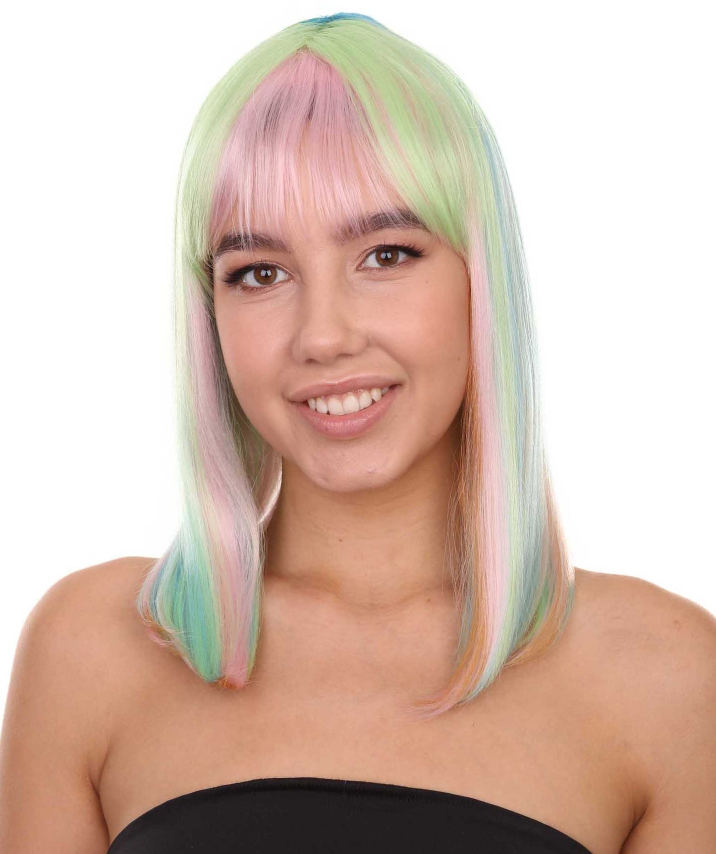 Women's 14" Inch Medium Length Halloween Fancy Rainbow Rave Mermaid Costume Wig, Synthetic Soft Fiber Hair, Perfect for your next Festival and Group Anime Party!  | HPO