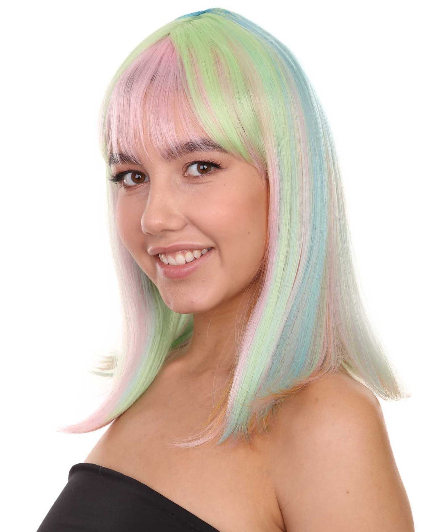 Women's 14" Inch Medium Length Halloween Fancy Rainbow Rave Mermaid Costume Wig, Synthetic Soft Fiber Hair, Perfect for your next Festival and Group Anime Party!  | HPO