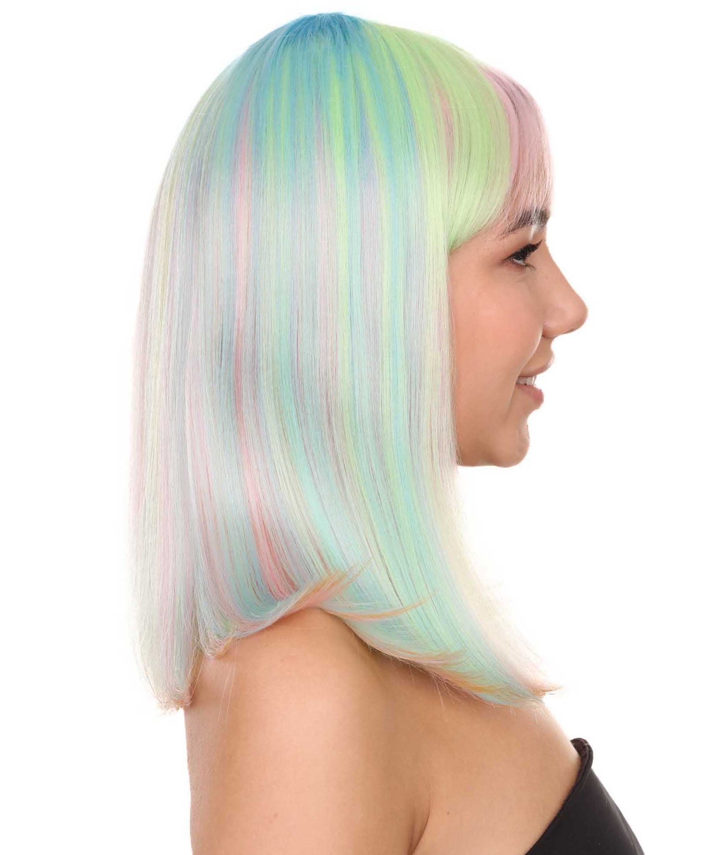 Women's 14" Inch Medium Length Halloween Fancy Rainbow Rave Mermaid Costume Wig, Synthetic Soft Fiber Hair, Perfect for your next Festival and Group Anime Party!  | HPO