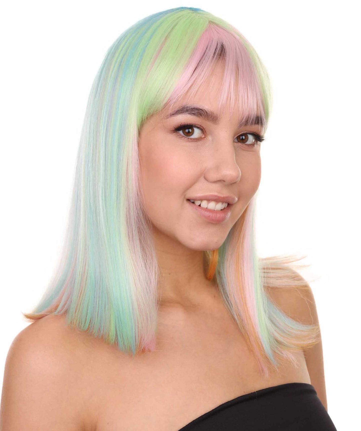 Women's 14" Inch Medium Length Halloween Fancy Rainbow Rave Mermaid Costume Wig, Synthetic Soft Fiber Hair, Perfect for your next Festival and Group Anime Party!  | HPO