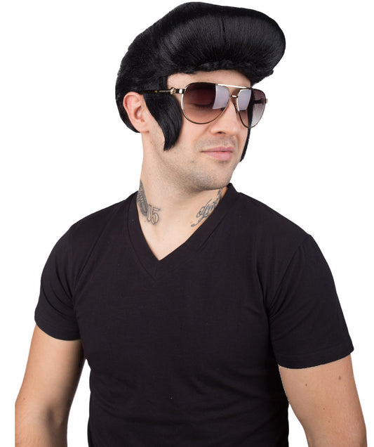 Men's Black Color Straight Updo Rock and Roll Icon Wig