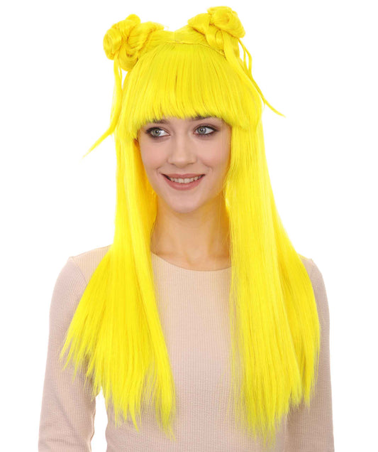 Women's Neon Yellow Asian Princess Two Tied Horn Wig |  Premium Breathable Capless Cap
