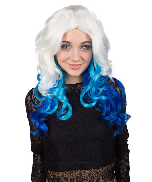 Women's White Color With Blue Tips Wavy Medium Length Trendy Wig