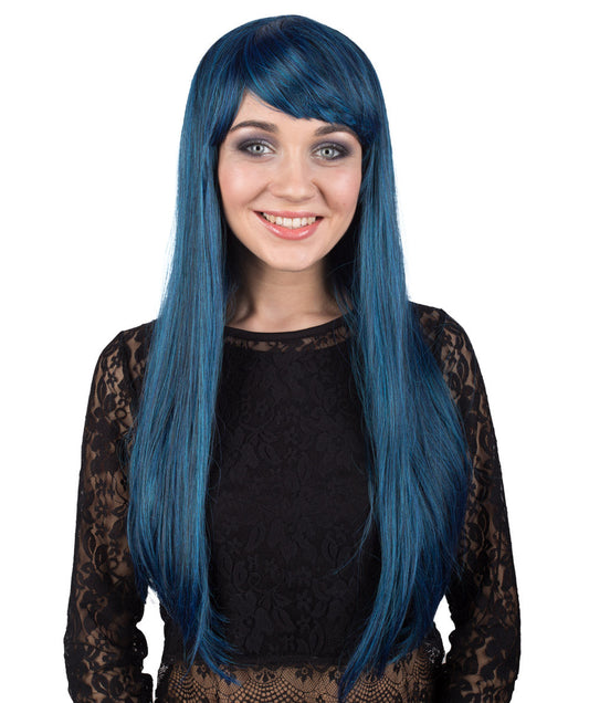 Women's Dark Blue Color Straight Medium Length Trendy Wig