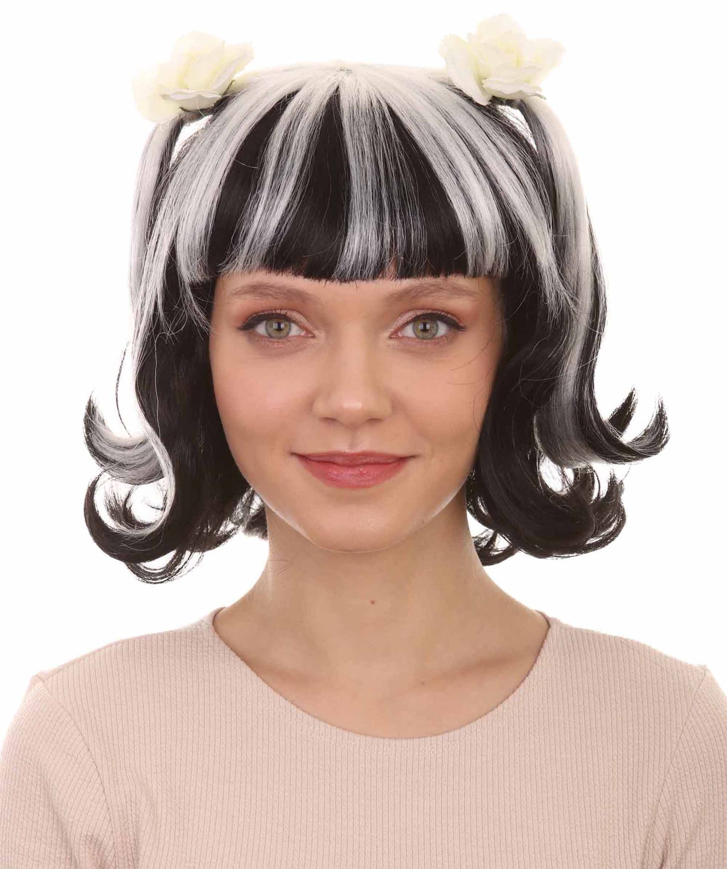 Women's Gothic Pigtail Ghost Witch Bride Zombie Wig with Rose | Two Tones Black and Grey Scary Wigs | Premium Breathable Capless Cap