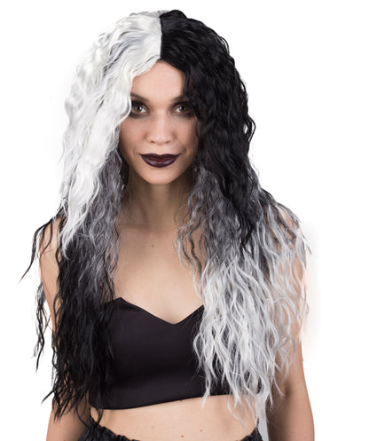 Women's Black and White Color Two Tone Curly Long Length Trendy Gothic Queen Wig