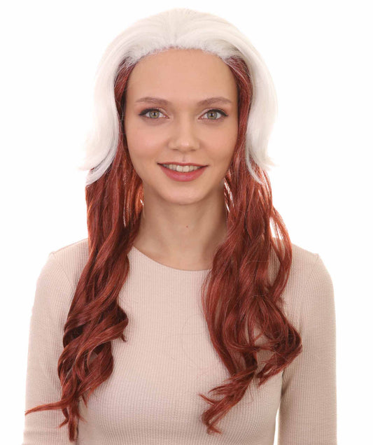 Womens Superhero Curly Long Wig | White & Brown TV/Movie Wigs | Premium Breathable Capless Cap