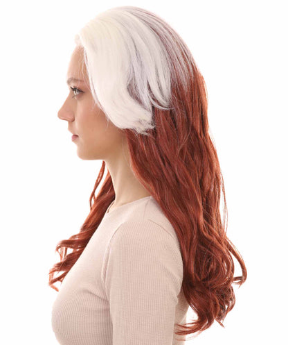 Womens Superhero Curly Long Wig | White & Brown TV/Movie Wigs | Premium Breathable Capless Cap