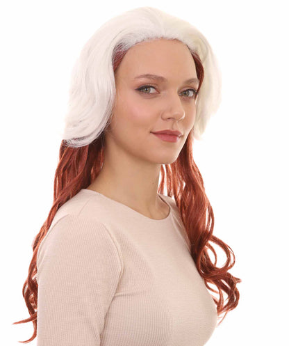 Womens Superhero Curly Long Wig | White & Brown TV/Movie Wigs | Premium Breathable Capless Cap