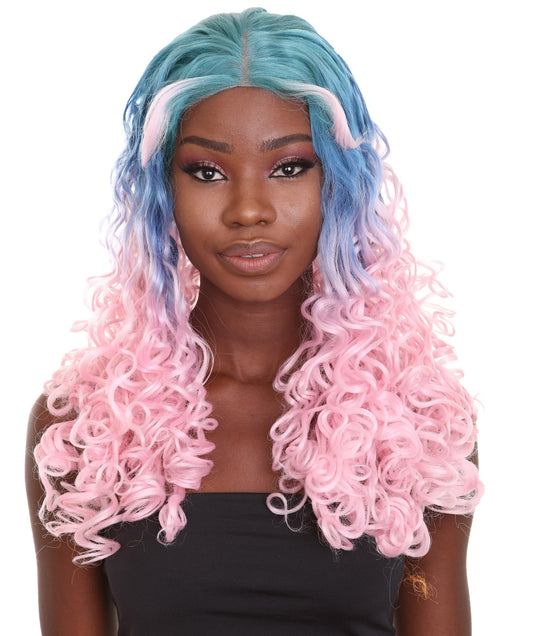 Lt. Pink & Blue Two Tone Lace front Curls with Heart Curled Bangs
