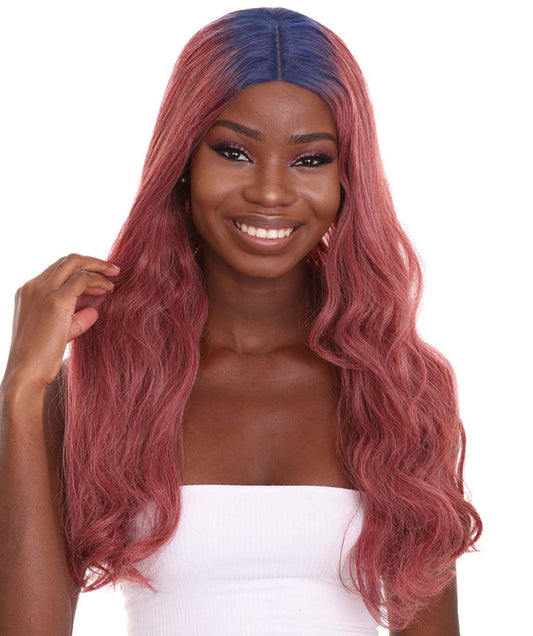 Women's 23" In. Hair Stylist Inspired Wig - Long Length Red Hair with Dark Blue Roots - Lace Front Heat Resistant Fibers | Nunique
