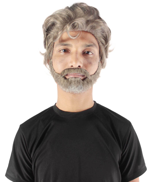 Men's 10" Inch Short Length Halloween Wise Old Man Grandpa Sinner Costume Wig, Synthetic Fiber Hair with Beard and Mustache,  | HPO