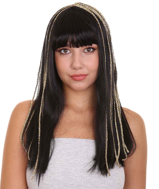 Egyptian Princess Womens Wig | Gold Striped Long Black MId Eastern Queen Halloween Wig | Premium Breathable Capless Cap